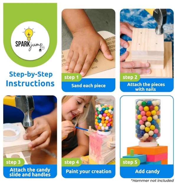 Step-by-step images showing sanding, assembling, painting, and filling a wooden gumball machine.