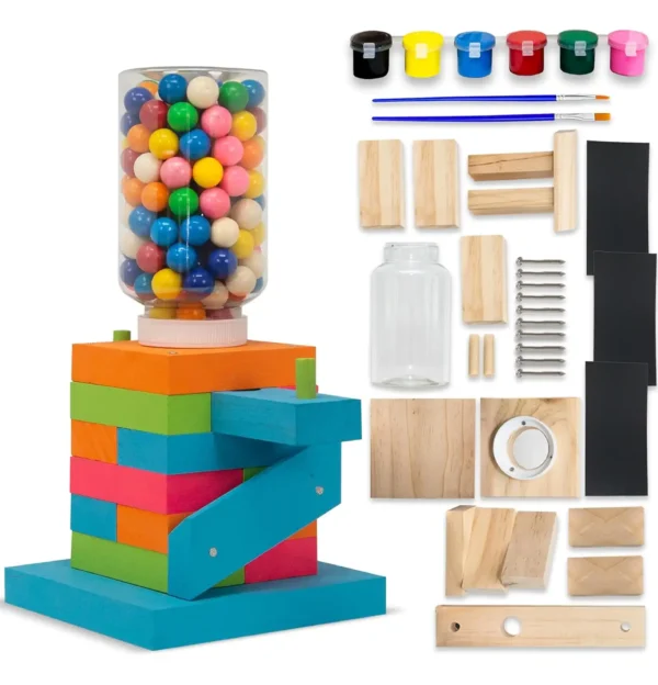 Colorful finished gumball machine with all kit components displayed beside it.