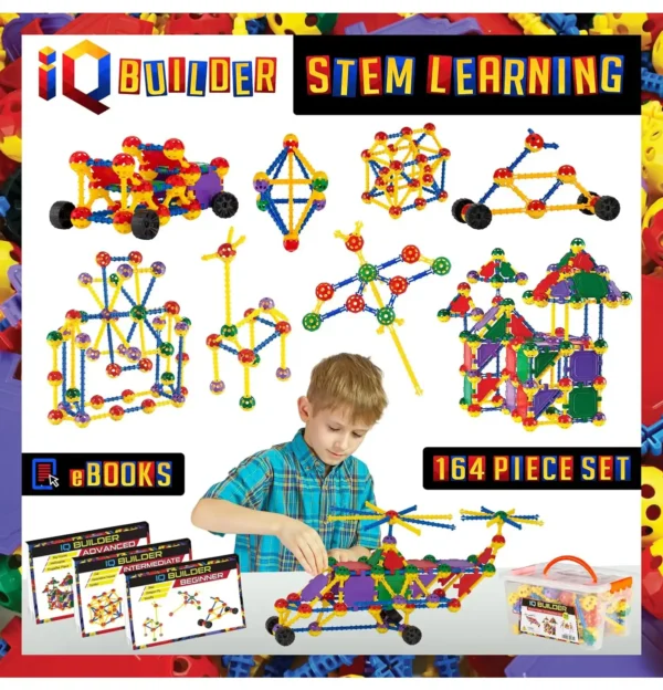 STEM learning building set with colorful rods, connectors, and wheels displayed alongside a storage box.
