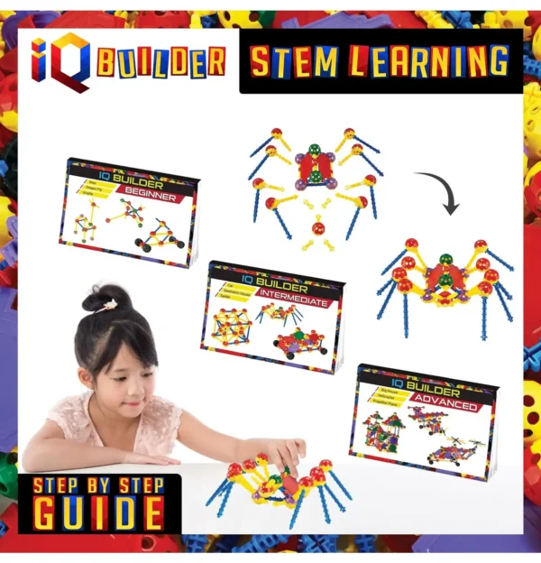 Girl building a spider model with the STEM Builder kit, with images of beginner, intermediate, and advanced instruction guides.