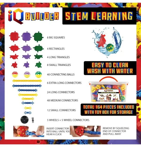 STEM Builder parts list showing different connectors, balls, wheels, and instructions on how to use them.