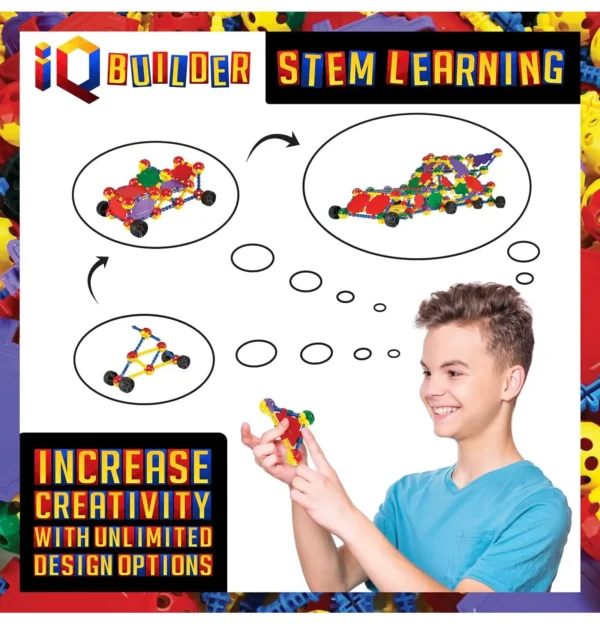Boy holding a small STEM model and imagining multiple design possibilities, showing a progression of creative ideas.