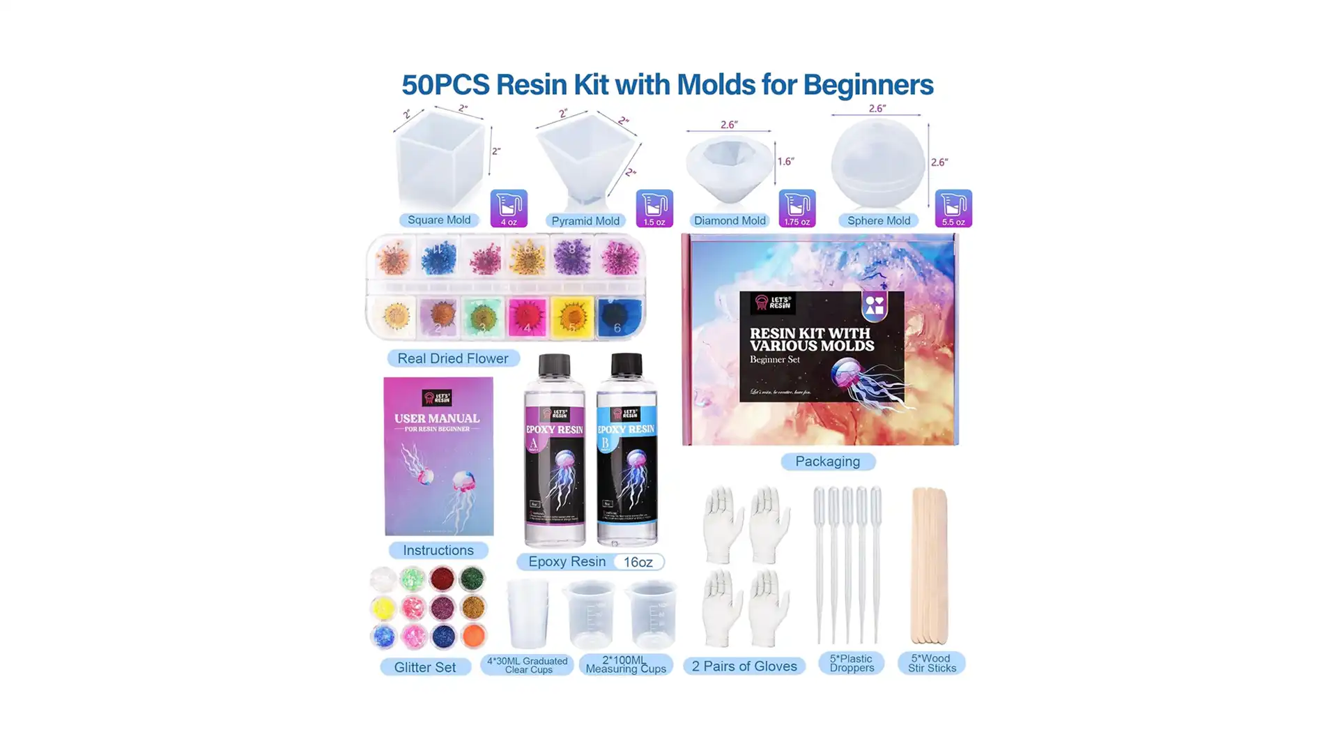 Epoxy Resin Kits and Molds Complete Set 2 A complete epoxy resin kit with silicone pyramid molds, dried flowers, glitter, measuring cups, and mixing tools, arranged on a clean workspace — ideal for making custom art, jewelry, or decorative gifts.