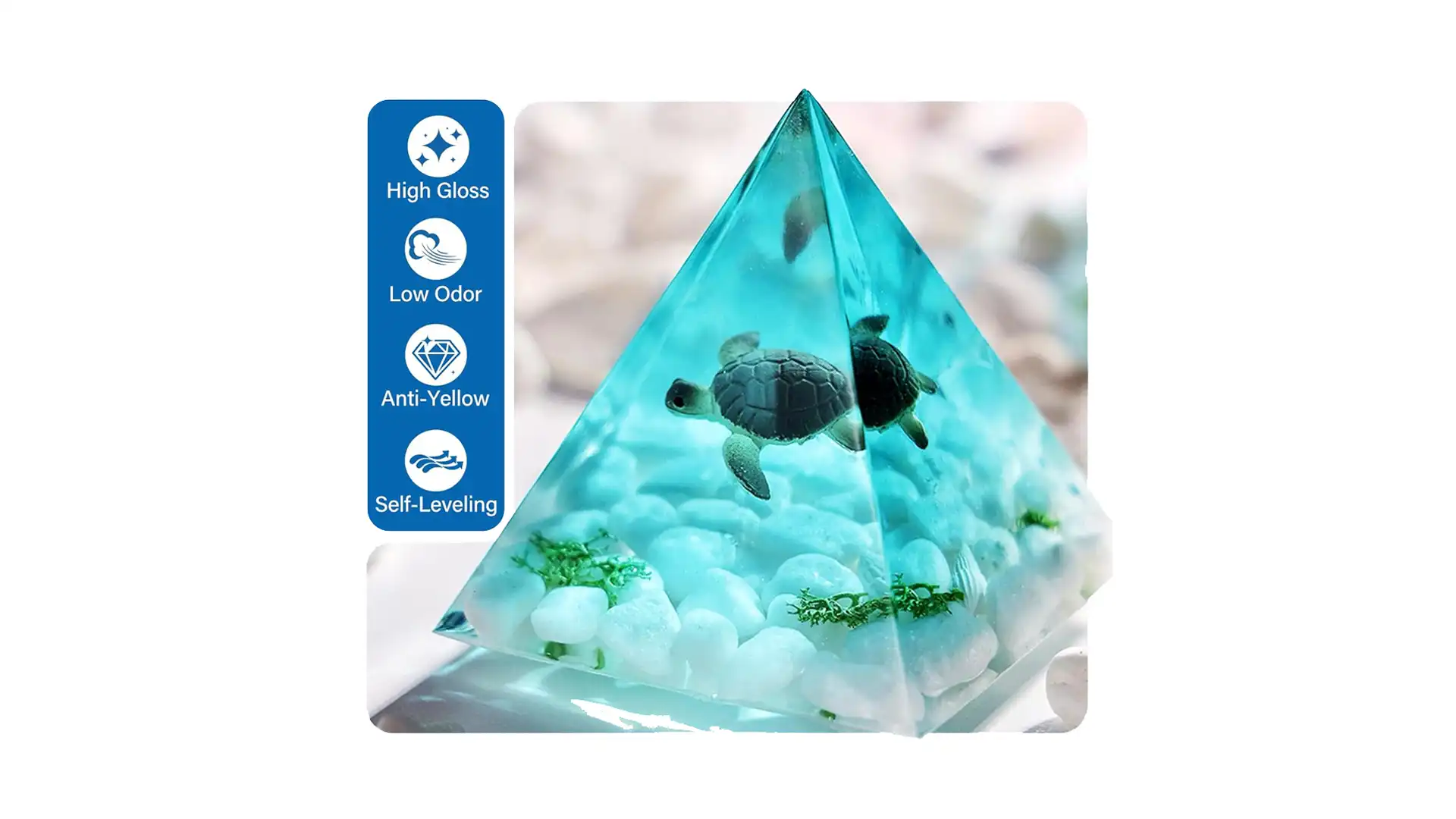 Epoxy Resin Kits and Molds Complete Set 3 A complete epoxy resin kit with silicone pyramid molds, dried flowers, glitter, measuring cups, and mixing tools, arranged on a clean workspace — ideal for making custom art, jewelry, or decorative gifts.