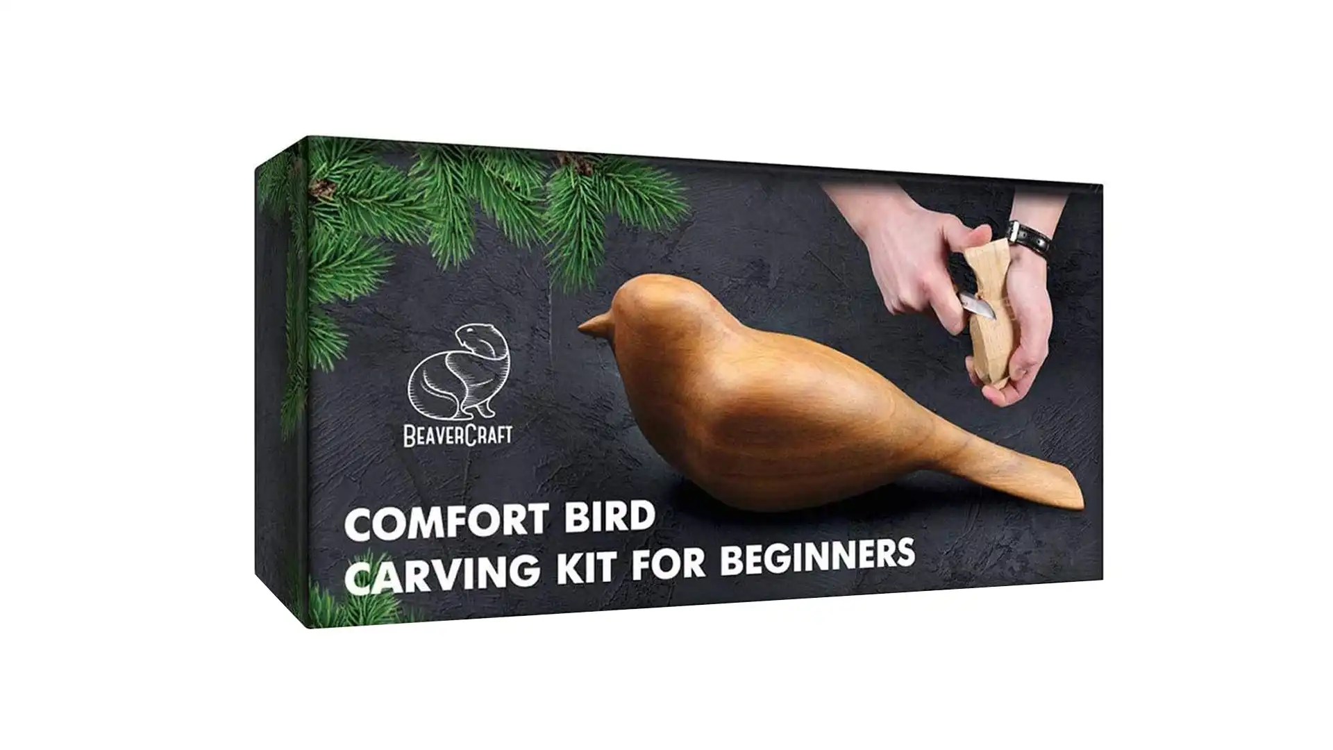 A wood carving starter kit featuring a sharp carving knife, basswood blocks, cut-resistant gloves, a sharpening tool, and a step-by-step guide, arranged on a wooden workspace.