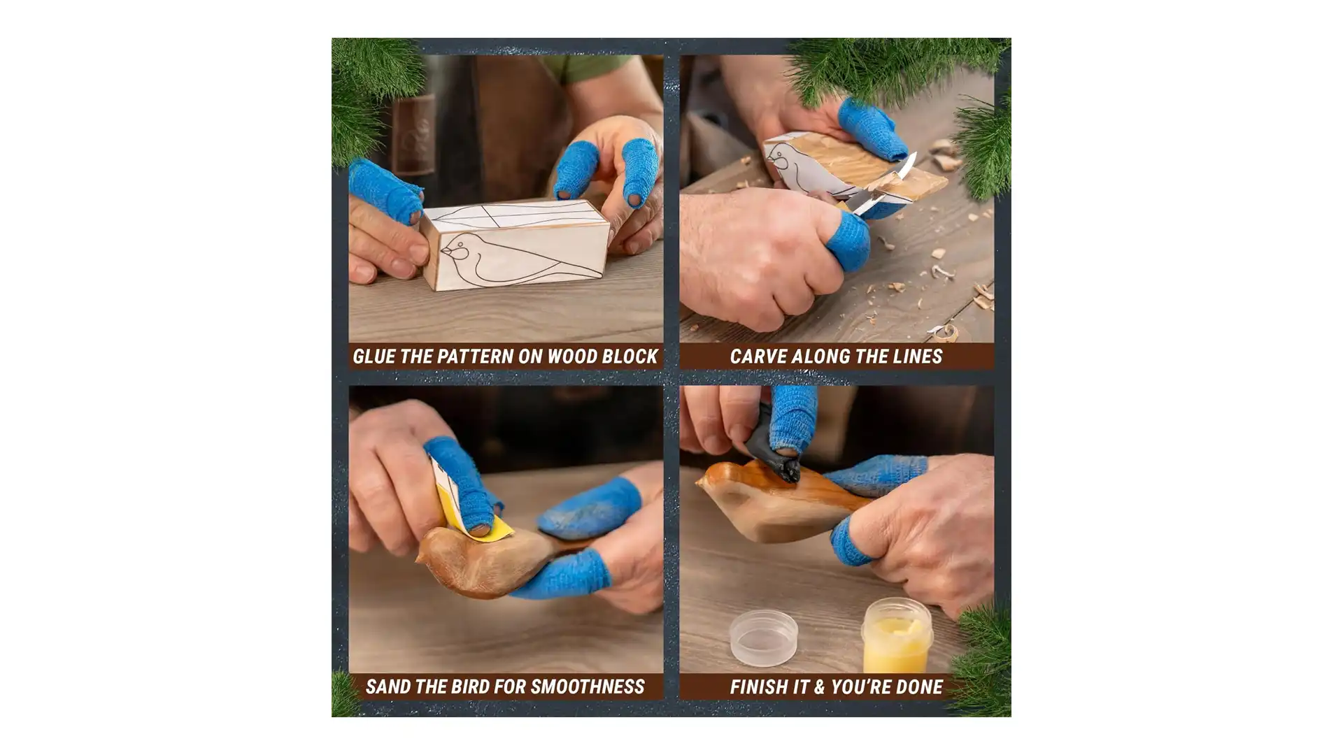 A wood carving starter kit featuring a sharp carving knife, basswood blocks, cut-resistant gloves, a sharpening tool, and a step-by-step guide, arranged on a wooden workspace.